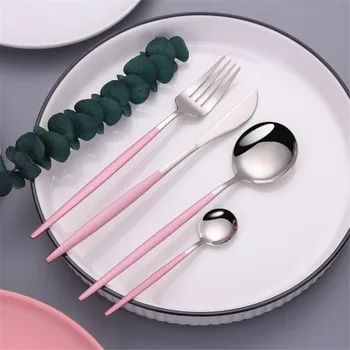 

Pink Silver 18/10 Stainless Steel Cutlery Set Fork Spoon Knife Silverware Tableware Dinnerware Flatware Set Dishwasher Safe