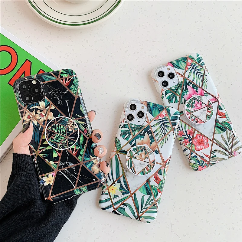 Holder stand Case For iphone XS XR X 11 Pro Max 6 6S 7 8 Plus Back Cover Soft IMD Silicone Plating Flowers Phone Coque |