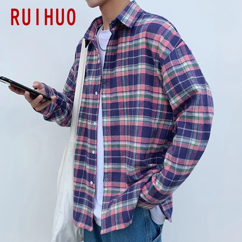 Рубашка RUIHUO мужская с длинным рукавом Повседневная блуза в клетку облегающая