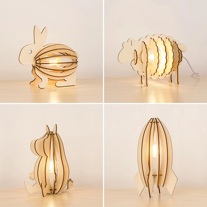 Светодиодный креативный Ночник кролик из дерева овца белка PuzzleTable лампа Декор