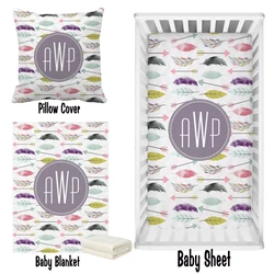 LVYZIHO Baby Boy / Girl Crib Bedding Set, Feathers and Arrows Custom Name Crib Sheet,  Blanket, Custom Pillow