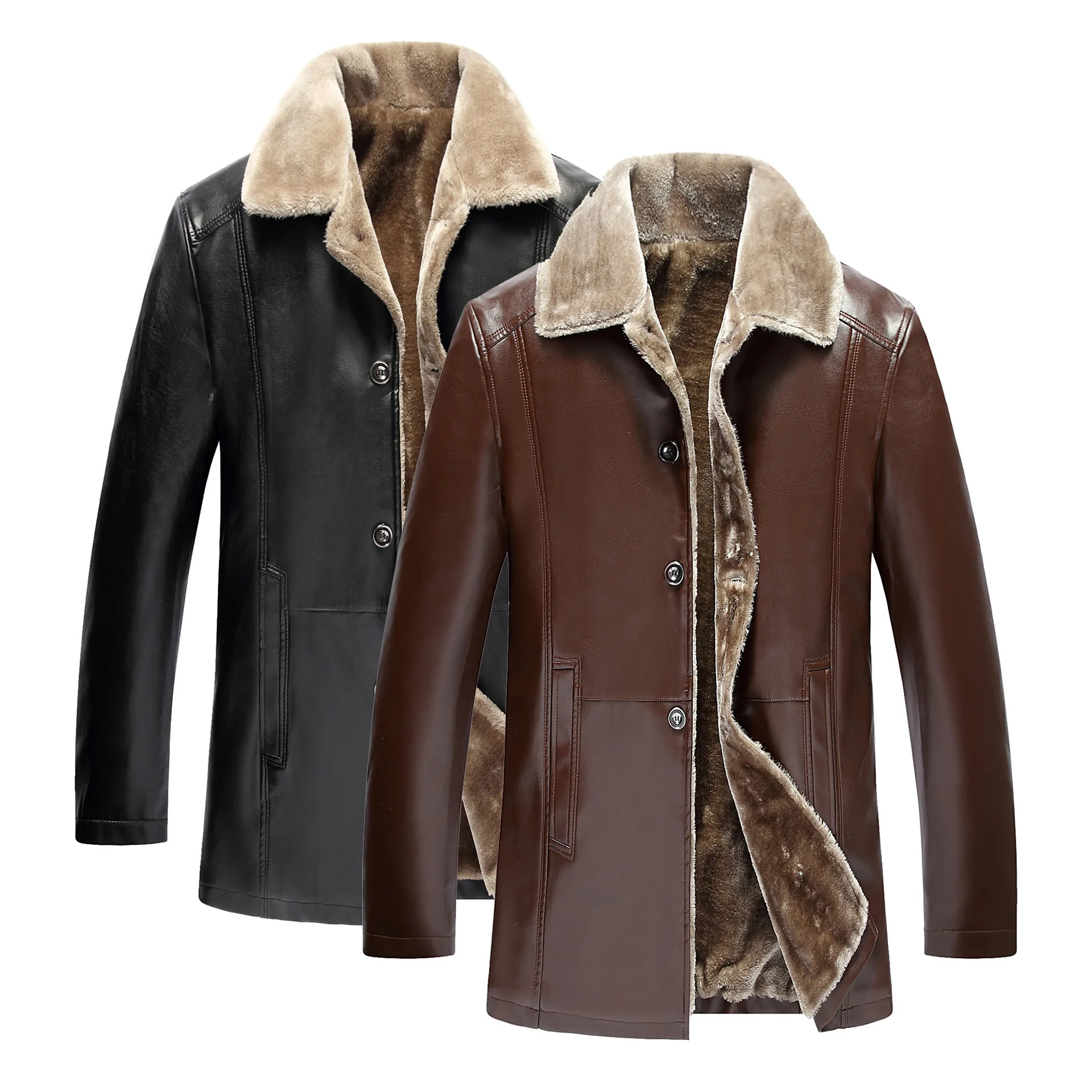 

2019 Winter New Style Fur Men's Mid-length Fold-down Collar Leather Coat plus Velvet MEN'S PU Jacket Fur Coat