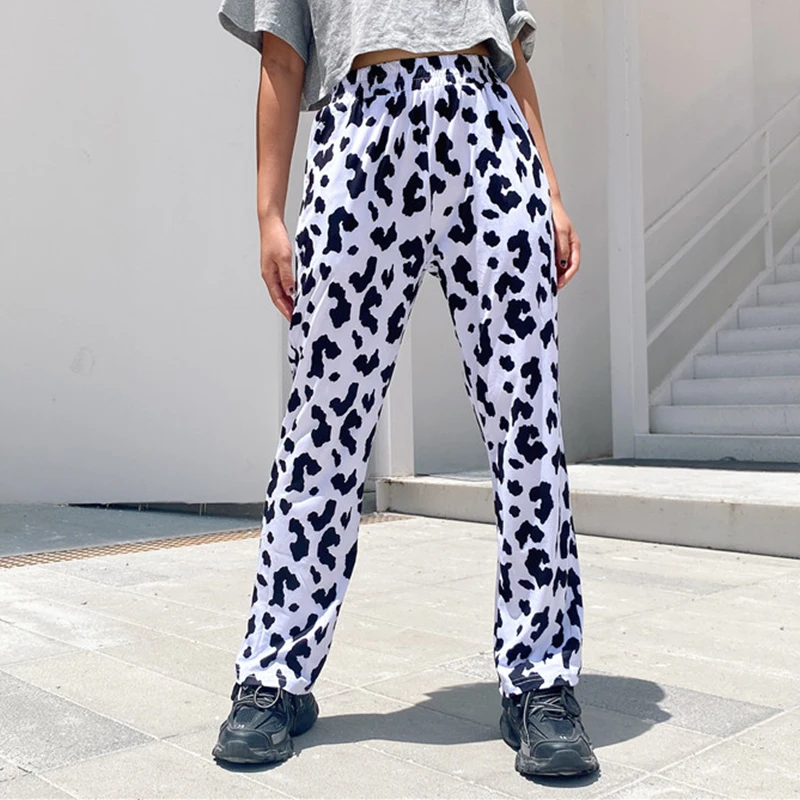 Streetwear Elastic High Waist Milk Cow Print Pants Women 2020 Casual Straight Loose Long Trousers harajuku Pantalon Femme capris Streetwear Elastic High Waist Milk Cow Print Pants Women 2020 Casual Straight Loose Long Trousers harajuku Pantalon Femme capris