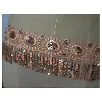 

4meters/lot x New Champagne Mesh Sequin Flower Embroidery Lace Trimmings Tassel Fringe Dancing Dress Costume Decoration SL13E