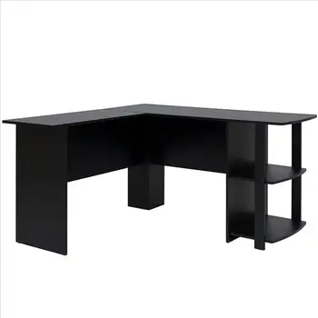 

Shaped Wood Right-angle Computer Desk with Two-layer Bookshelves Black，ship from US drop shipping