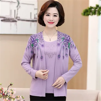 

Spring Womens Tops Fashion Two Pieces set Rhinestone Pave T Shirt Flare Floral 2020 Summer Mother Clothing Cardigan Coat M34