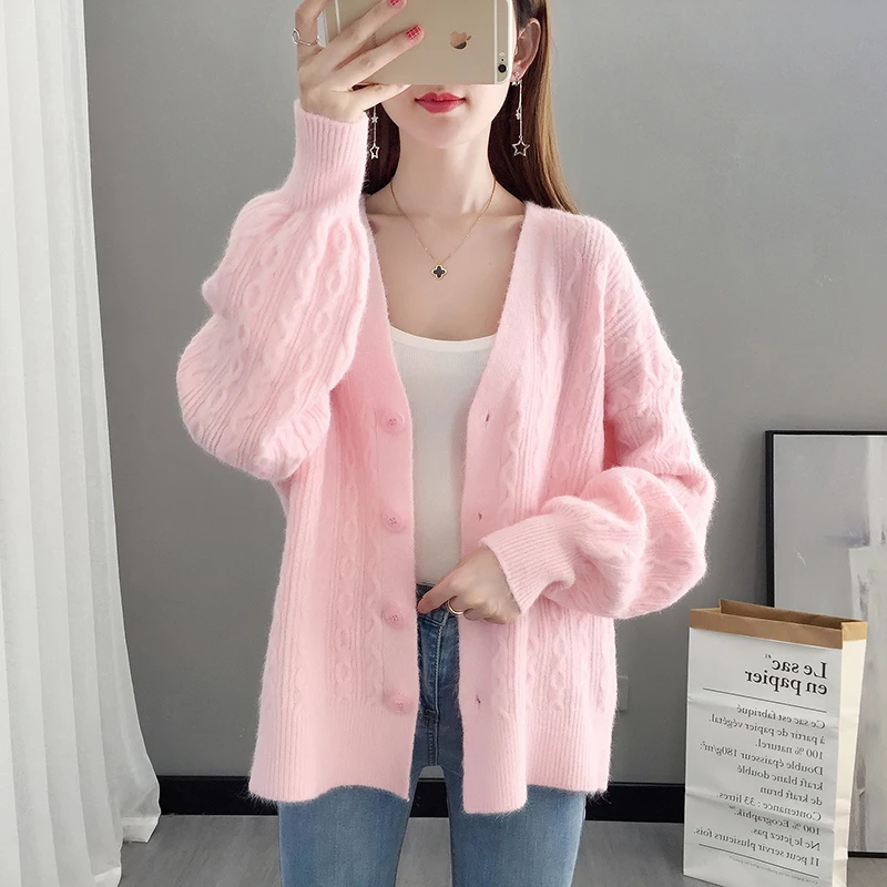 

4 Colors Knitted Sweater Autumn Winter V-neck Loose Casual Women Cardigan Oversized Warm Korean Style Blue Sweaters Pink