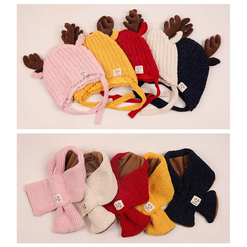 

2019 New Baby Hat scarf Christmas Santa Deer Knitted Caps Reindeer Antler Ear Wool Weave Hats Children Cap