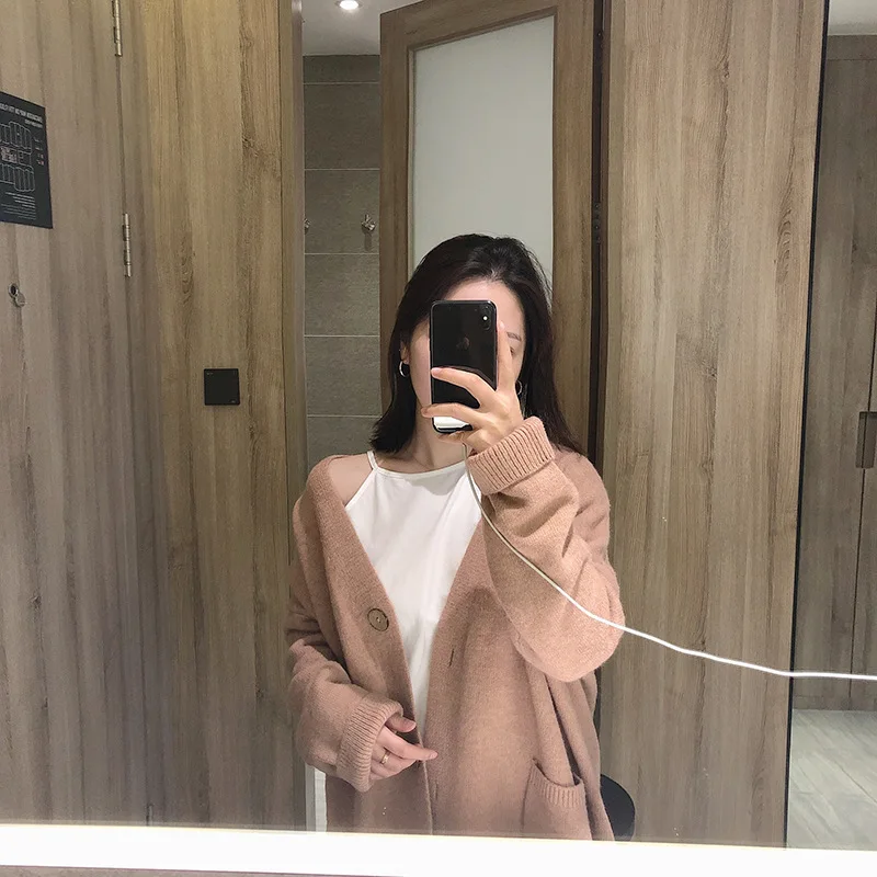 Huapate зима женский милый вязаный кардиган тонкая верхняя одежда Feminino розовый серый трикотаж