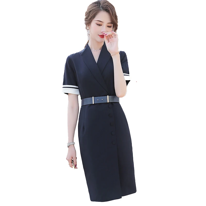

Female Elegant Formal Office Work Wear New 2020 Summer Women Dresses Short Sleeve Office Ladies Knee Length Dress (Blet Included