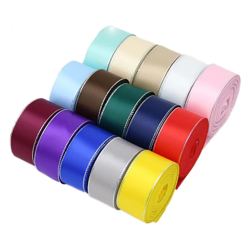 (10 ярдов/партия) двусторонняя Серебряная кромка печатная сатиновая подарочная