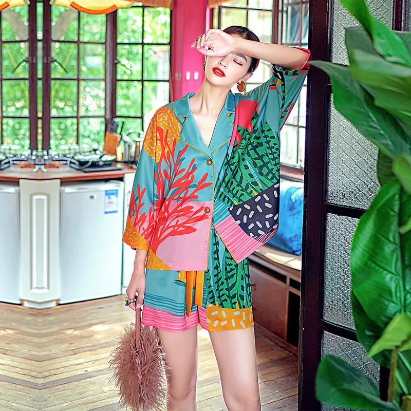 Women Pajama Set Hand Drawn Art Tropical Plants Silk Like Nightwear Shorts