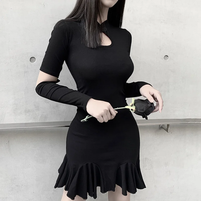 InsGoth, Черное мини облегающее платье с оборками, женское винтажное платье Cheongsam с вырезом, с вырезами, сексуальное, с длинным рукавом, женские готические вечерние платья