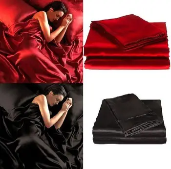 

17 4 Pce Satin Silk Soft QUEEN Bed Fitted Sheet Set - RED BLACK22
