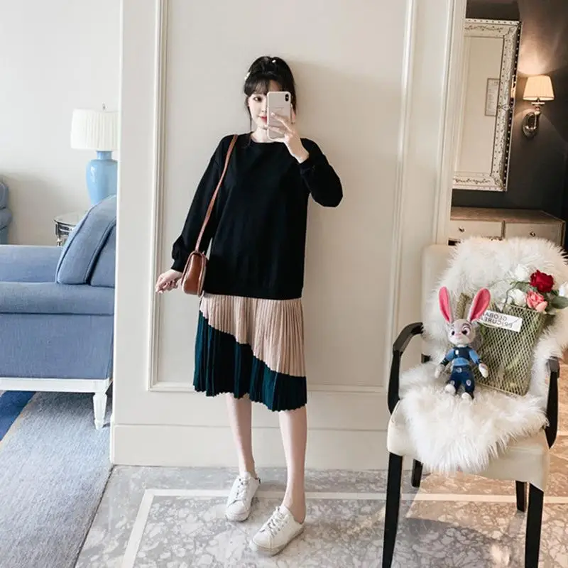 Осень, женское платье большого размера, 4XL 5XL, длинные рукава, строчка, плиссированные платья, элегантные, повседневные, длинные, женские, Vestidos, свободные, черные