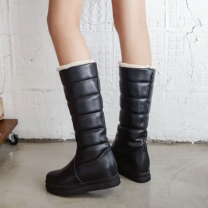 Зимние теплые плюшевые сапоги до колена женские удобные зимние сапоги на плоской подошве женские высокие сапоги без застежки на платформе черные, розовые, белые - Цвет: Black Calf boots