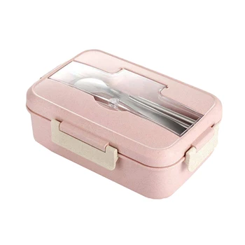 

Wheat Straw Lunch Box Microwave Bento Lunch Box Dinnerware Food Storage Container with Chopsticks and Spoons