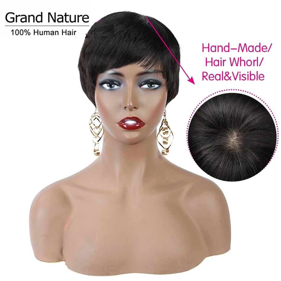 perruque carr&eacute; court perruque cheveux humain Short Wig For Black Women Pixie Wig Machine Made Side Part Remy silk base mono top