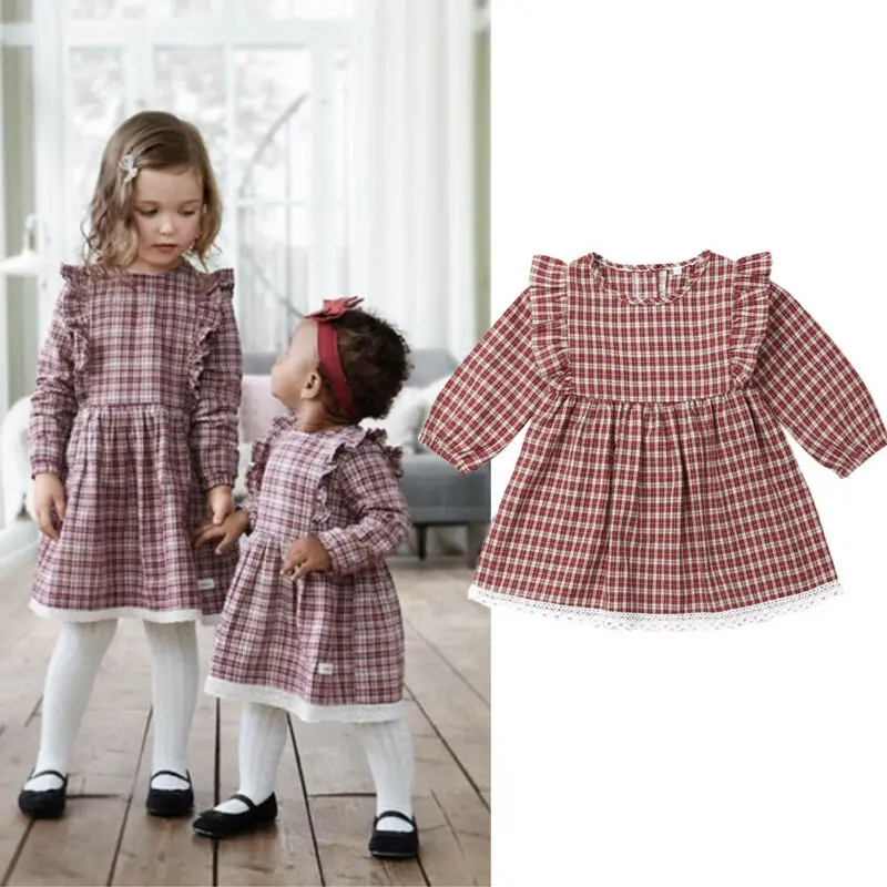 

New Toddler Kid Girl Baby Plaid Dress Long Sleeve Princess Party Pageant Dresses Autumn Clothes