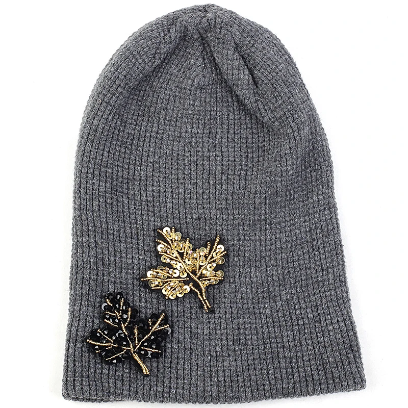 Geebro для взрослых кашемировая шапочка с 2 кленовые листья аксессуары осень-зима теплая шапка для взрослых шапки Кепки - Цвет: black gold dk gray