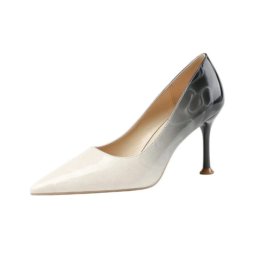 QSR 8.5CM PUMPS Korean version Fashion tip Asakuchi High heels Color matching Fine heel Temperament women's shoes - Цвет: Бежевый