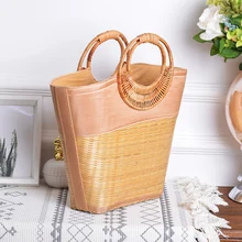 Большая вместительная бамбуковая тканая сумка, модная большая сумка, корзина для покупок, женская сумка ручной работы из ротанга, дизайнерская Ретро пляжная сумка с круглыми ручками