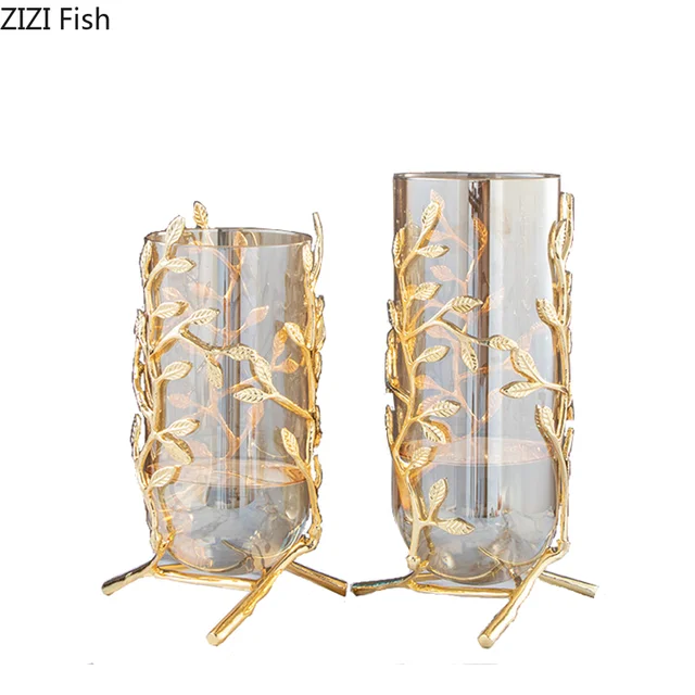 Hollow Gold Metal Frame Branches Rattan Transparent Glass Flower Vase 6