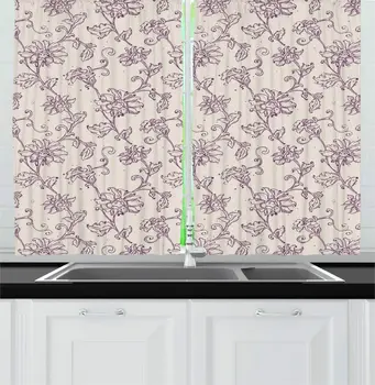 

Pale Tan Plum Floral Kitchen Curtains Damask Inspired Ornamental Flower Silhouettes with Ornaments Dots Drawn by Hand Window