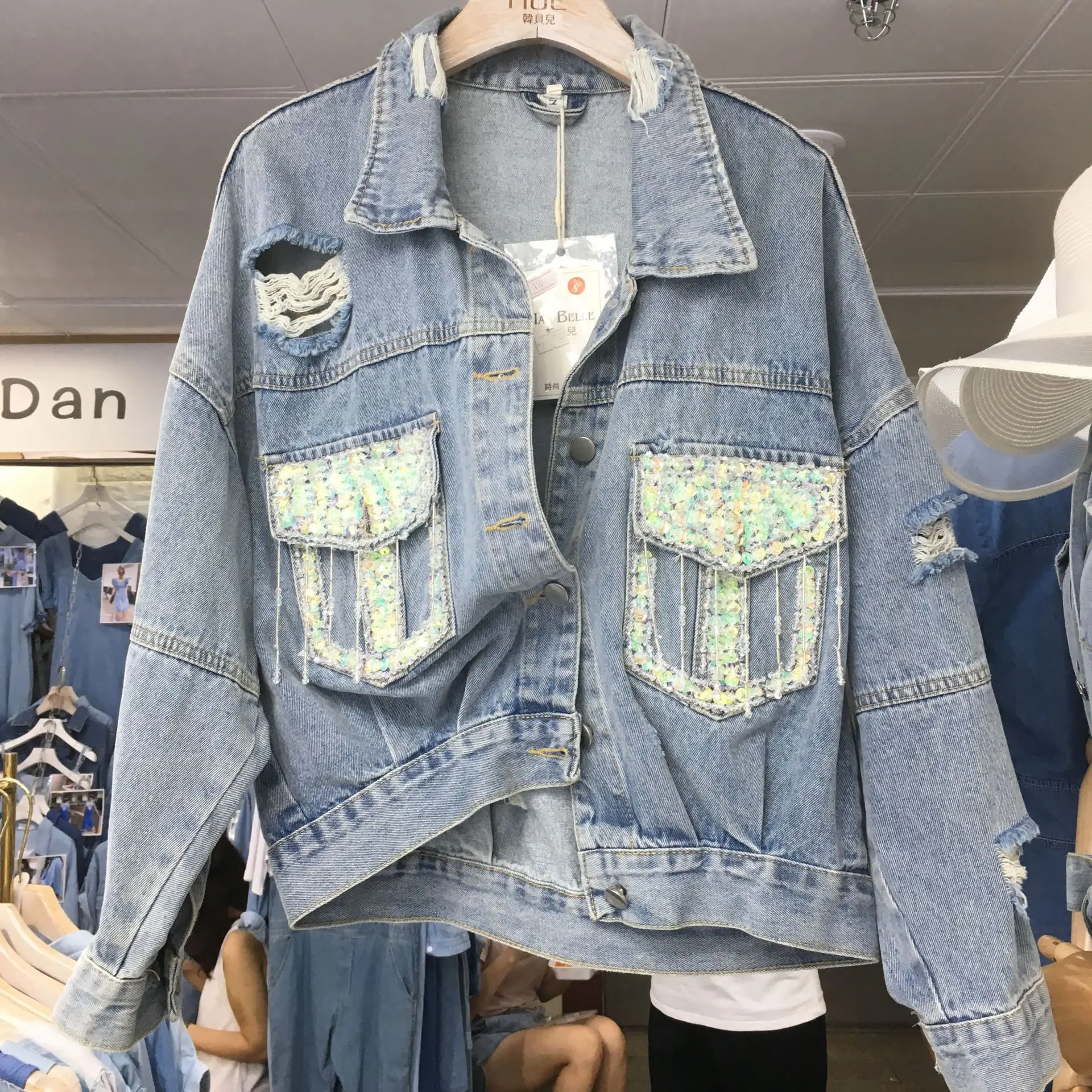 

Ozhouzhan 2019 Autumn New Style Korean-style Western Style Tops Irregular Industrial Sequin Short Jeans Coat Women's Fashion
