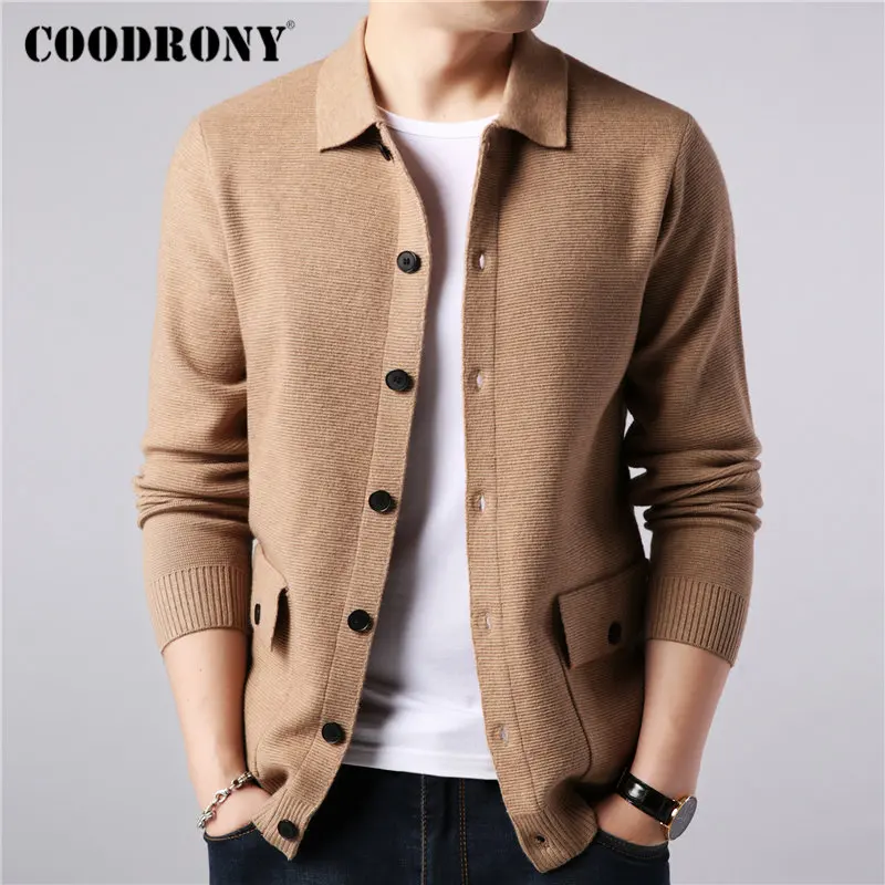 Khaki Бренд COODRONY, мужской свитер, уличная мода, мужской свитер, пальто, Осень-зима, теплый кашемировый шерстяной кардиган, мужской кардиган с карманом, 91104 - Color: Khaki