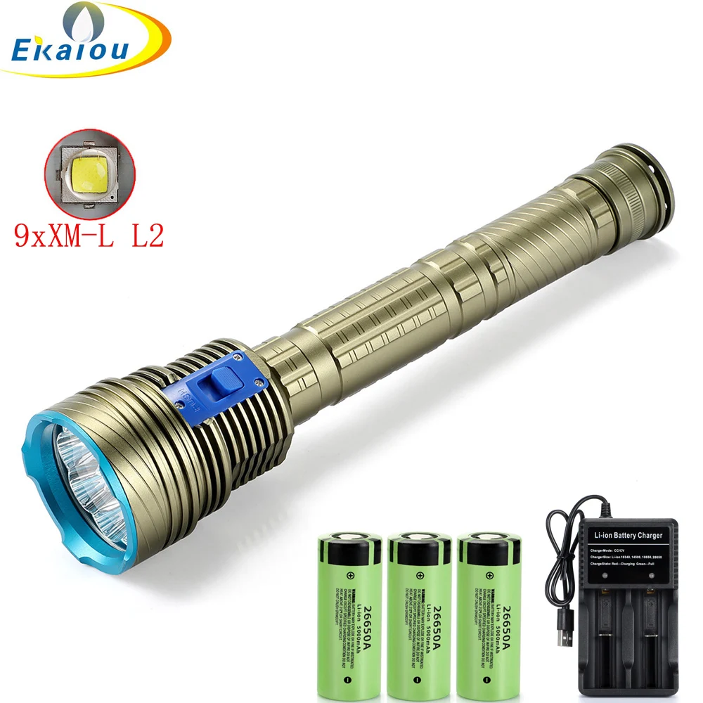 LED Diving Flashlight 9xXM-L L2 Powerful Professional Scuba Diver diving lamp Underwater Torch with 3x26550 battery USB charger