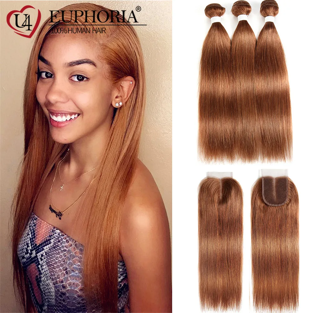 Hair-Bundles Lace Closure Human-Hair Frontal Brown EUPHORIA Brazilian Blonde Straight