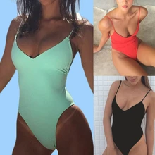 Mulheres sólido biquinis sexy bandagem uma peça sem costas maiô feminino fatos de banho bodysuit beach wear novo terno de natação monokini(China)