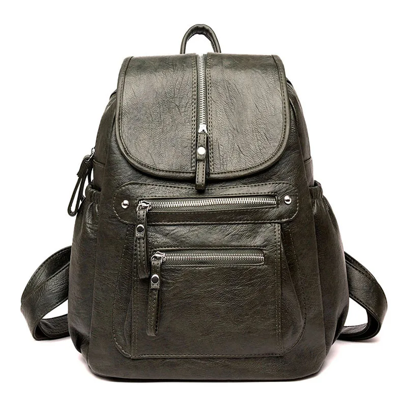 Женский рюкзак высокого качества кожаные модные школьные рюкзаки женские повседневные большие вместительные винтажные сумки на плечо Sac A Dos - Цвет: Зеленый