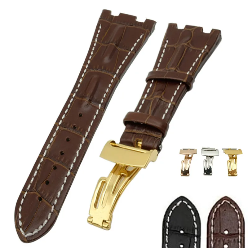 

28mm Watch Accessrioes Crocodile Grain Black Genuine Leather Watchbands Straps Watch Belt Silver Deployment Watch Buckle for ap