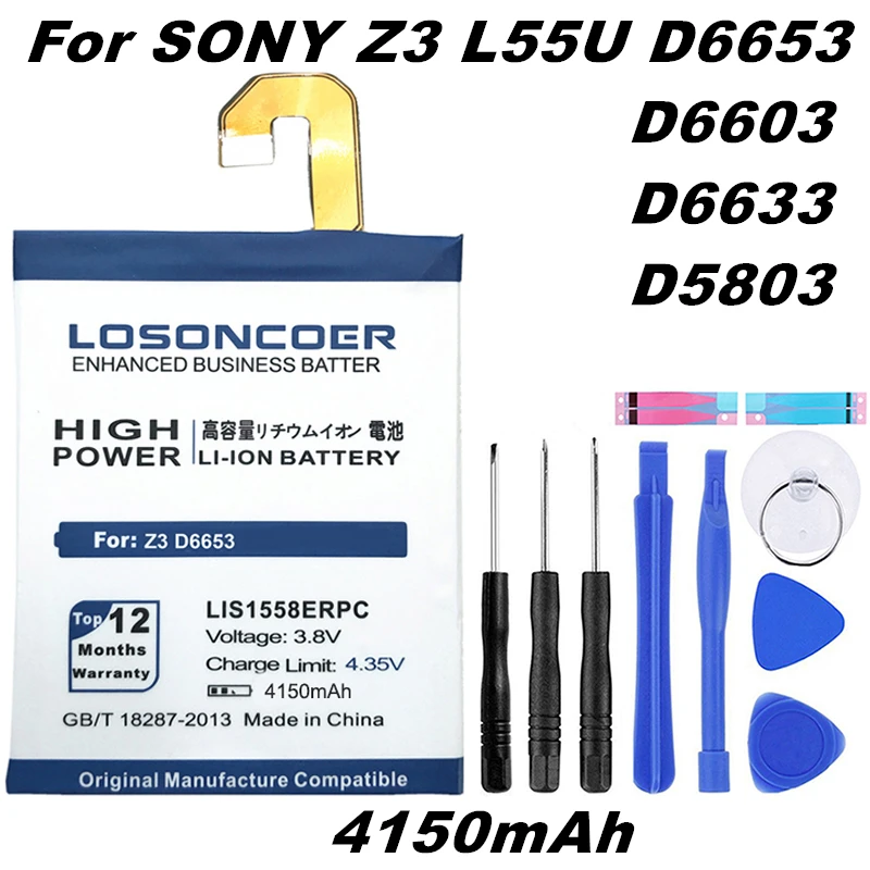 LOSONCOER 4150 мА/ч, LIS1558ERPC Батарея для Sony Xperia Z3 Батарея L55T L55U D6653 D6603 D6633 D5803 D5833 D6616 D6708 подарок инструменты