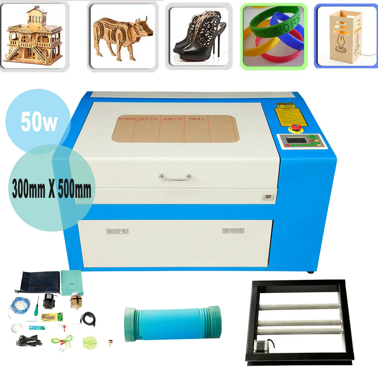 

50W CO2 USB Laser Engraver Cutter Engraving Machine 500x300mm with Rotary Axis