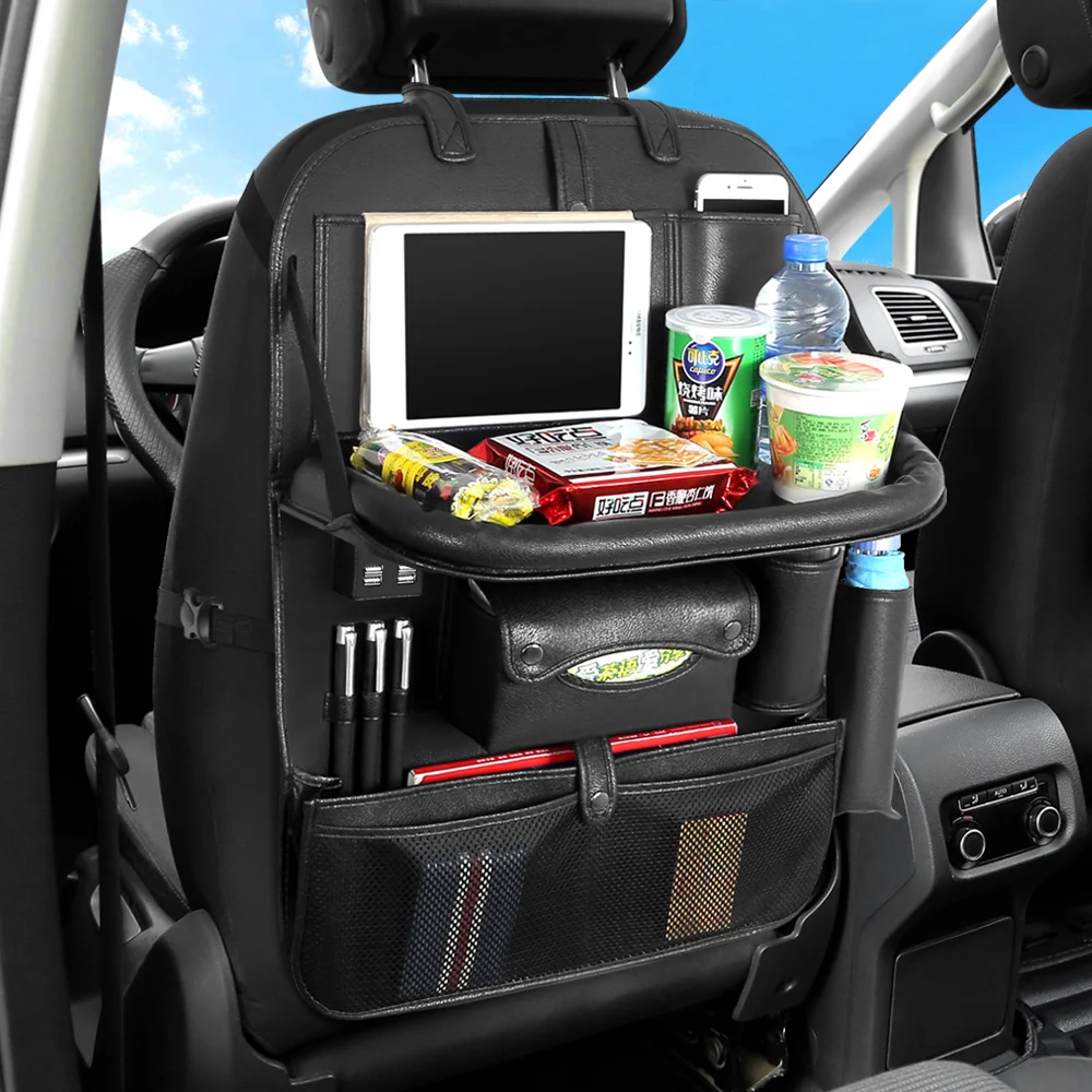 Универсальная сумка для хранения в автомобиле из искусственной кожи с несколькими карманами, органайзер для заднего сиденья автомобиля, сумка для планшета с 4 usb-портами для зарядки