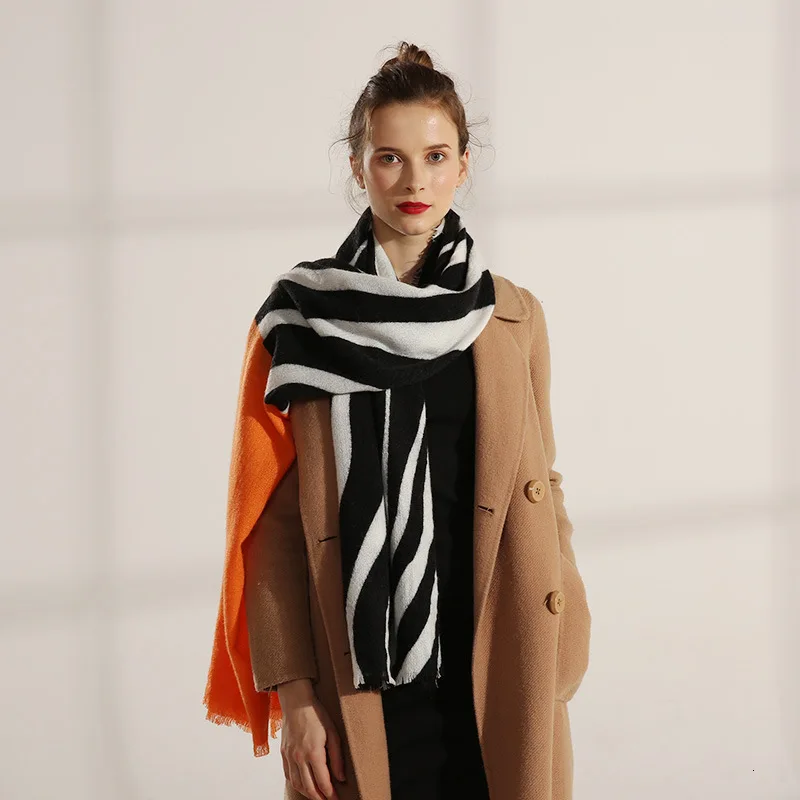Классический черно-белый полосатый шарф с зеброй для женщин, теплые зимние женские шарфы, Дамское пончо из искусственного кашемира, Дамская шаль
