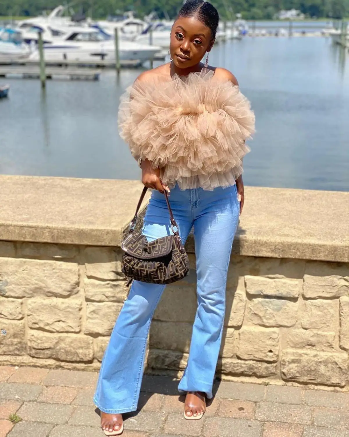 Khaki Off Shoulder Tulle Tiered Tops Women Cheap