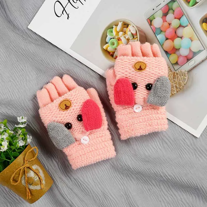 pink Новые детские теплые перчатки с открытыми пальцами, осенние и зимние модные креативные перчатки с изображением щенка - Цвет: pink