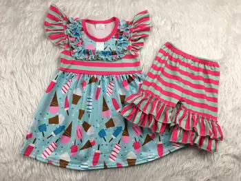 

hot sale summer colourful feathers with purple icing shorts girls outfits
