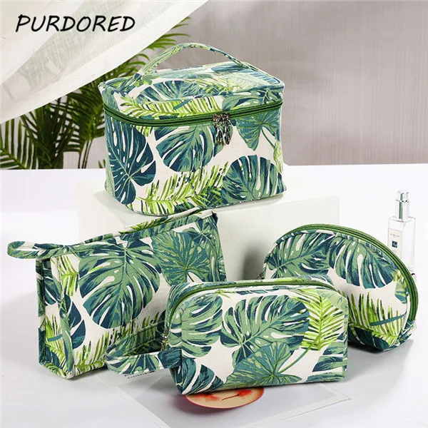 

PURDORED 1 Pc Green Leaf Cosmetic Bag Ladies Makeup Storage Bag Creative Printing Large Capacity Travel Women Makeup Bag