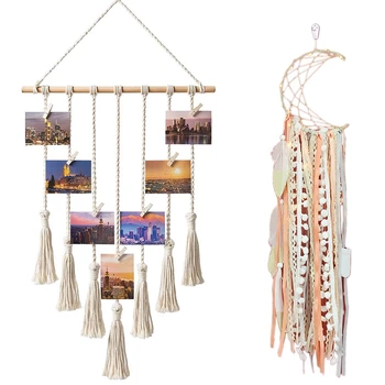 

Hot 1 Pcs Hanging Photo Display Home Decor with 25 Wood Clips 1 Pcs Feather Dream Catcher Moon Star Dream Catchers