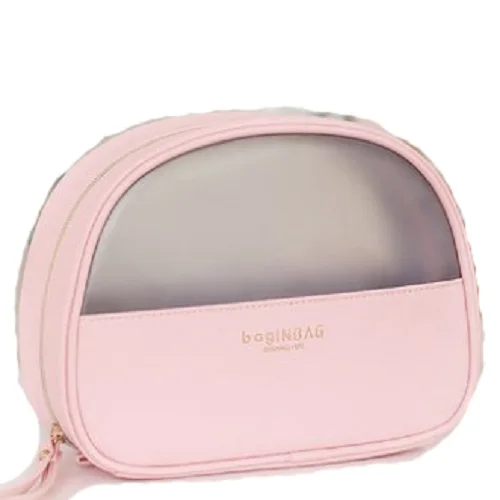 Fashion Cosmetic Bag PU Leather Transparent Cosmetic Bags Women beautician Small Pink Medium