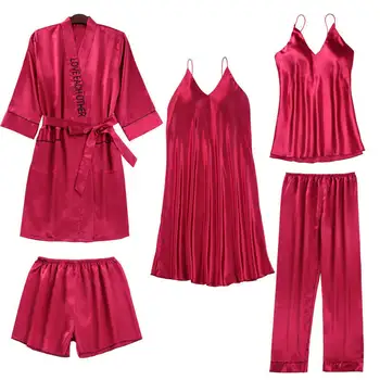 

Embroidery Letter Pajamas Sets Satin Long Sleeve 5PCS Sleepwear Women Silky Pyjams Suit Female Sleep Set Loose Home Clothes
