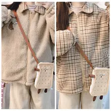 Японский медведь вышивка ретро плед ягненка флисовое пальто утепленная куртка женская зимняя рукав "летучая мышь" Милая верхняя одежда в студенческом стиле