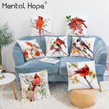 

Red Bird Flower Plush Cushion Cover Cartoon Animal Plant Throw Pillow Cover Home Decor Square Decorative Pillowcase for Car Sofa
