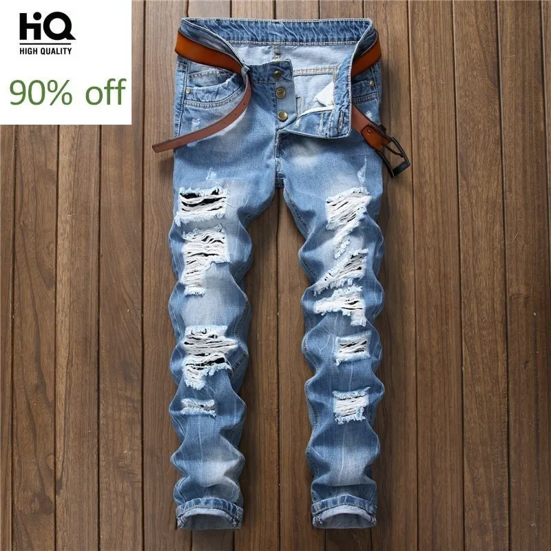 

2020 Spring New Fashion Men's Jeans Hole Ripped Straight Slim Fit Streetwear Pants For Man Casual Cowboy Trousers For Male
