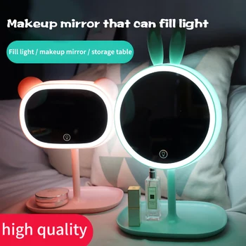 

Cute Rabbit Bear Design LED Adjustable Light Mirror Illuminated Foldable Vanity Mirror Travel Desktop Light Round Make Up Mirror